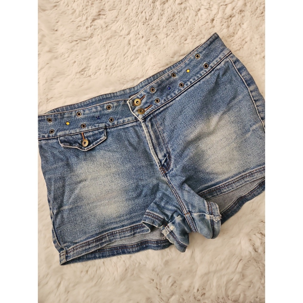 Vintage Route 66 Y2K Low Rise Denim Shorts Grommet Studded Grunge Gorpcore 16